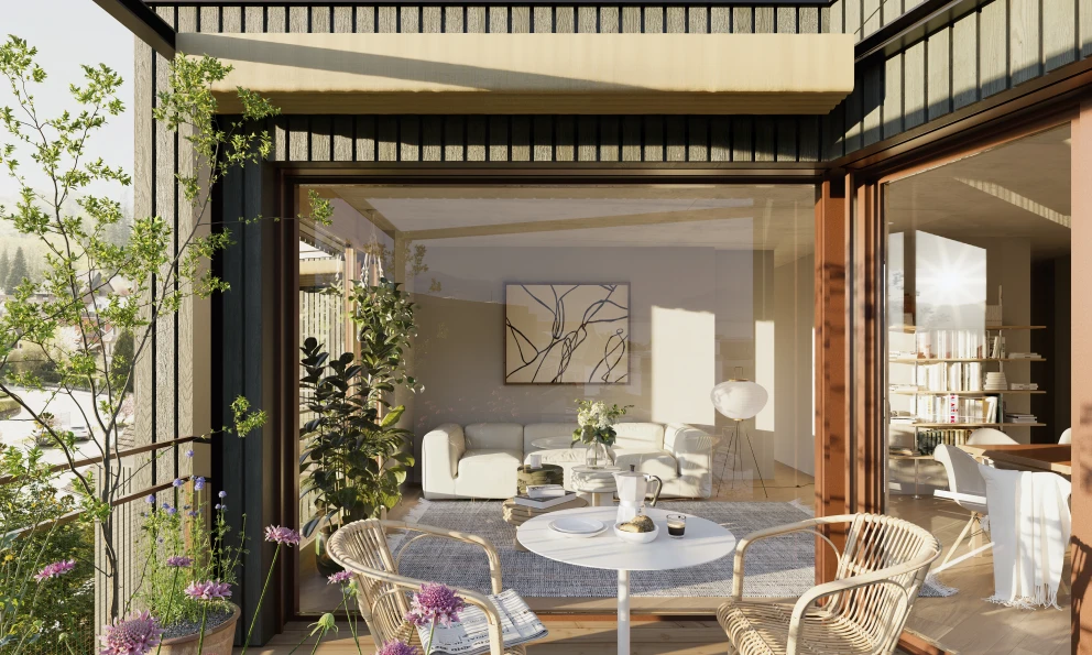 Drinnen und draussen, ganz selbstverständlich. Die Pergola schafft einen luftigen Zwischenraum, in dem sich Wohnzimmer und Aussenbereich treffen.